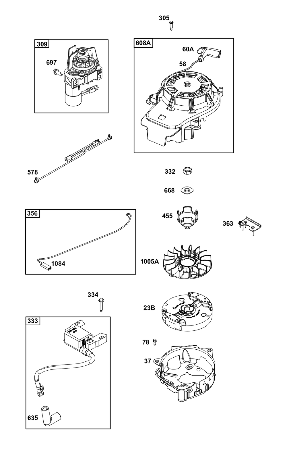 Flywheel, Ignition, And Starter Group Diagram and Parts List for 104M05-0259-H5 100000 - 19Z999 Briggs and Stratton Engine
